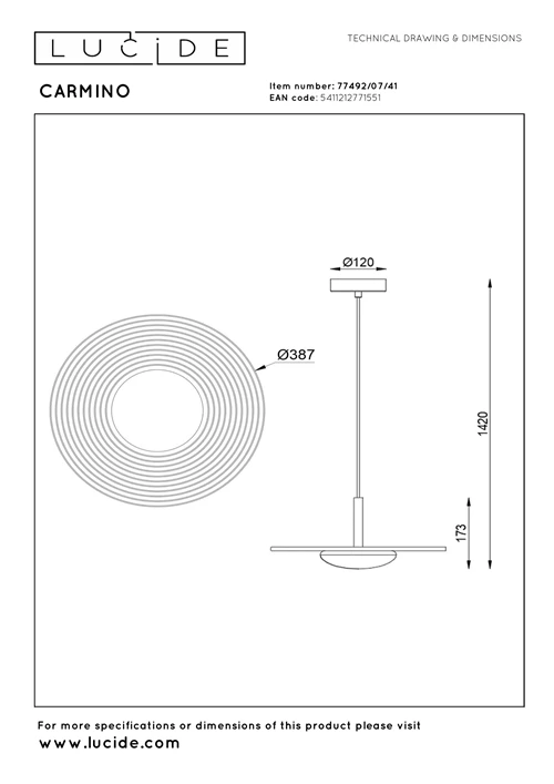 Lucide CARMINO - Pendant light - Ø 38,7 cm - LED - 1x8W 3000K - Taupe | Essential - technical